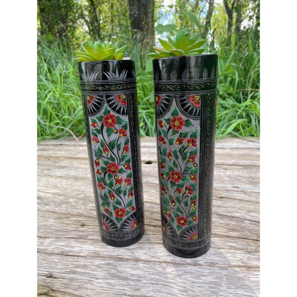 Vintage Pair Black Lacquer Wood Vases Red Etched Flowers 10" - Picture 11 of 16